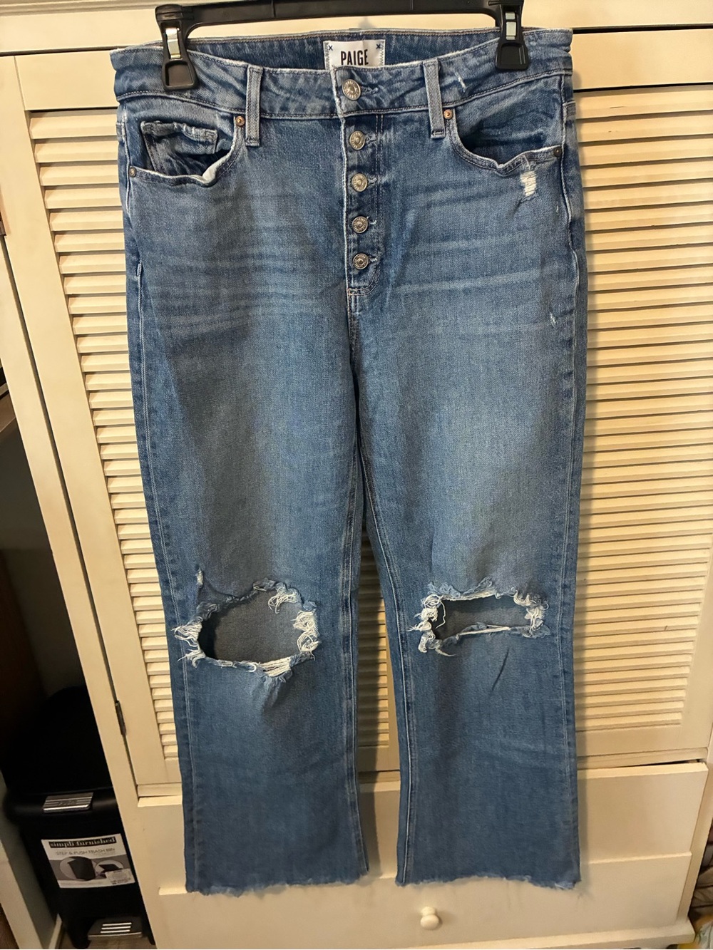 PAIGE Leenah Women's Medium Blue Distressed Straight-Leg Jeans